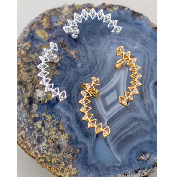 Silver Geo Shape Rhinestone Ear Cuff Earrings - Picture 2 of 3